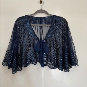 Navy Sequin Sheer Tie-Front Capelet